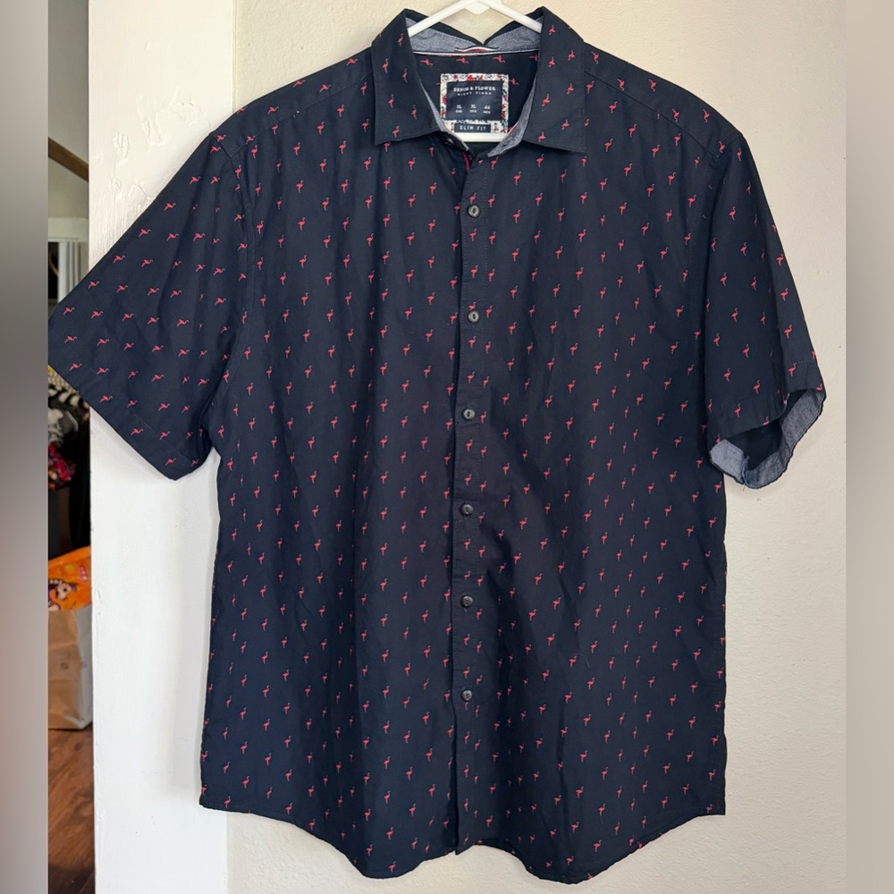 Denim & Flower Ricky Singh slim-fit short-sleeve shirt Blue flamingo Men XL